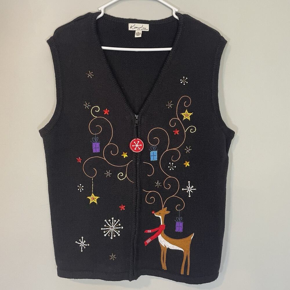 Kim Rogers Christmas‎ Sweater Vest Petite L Reindeer Sequin Embellished Party
